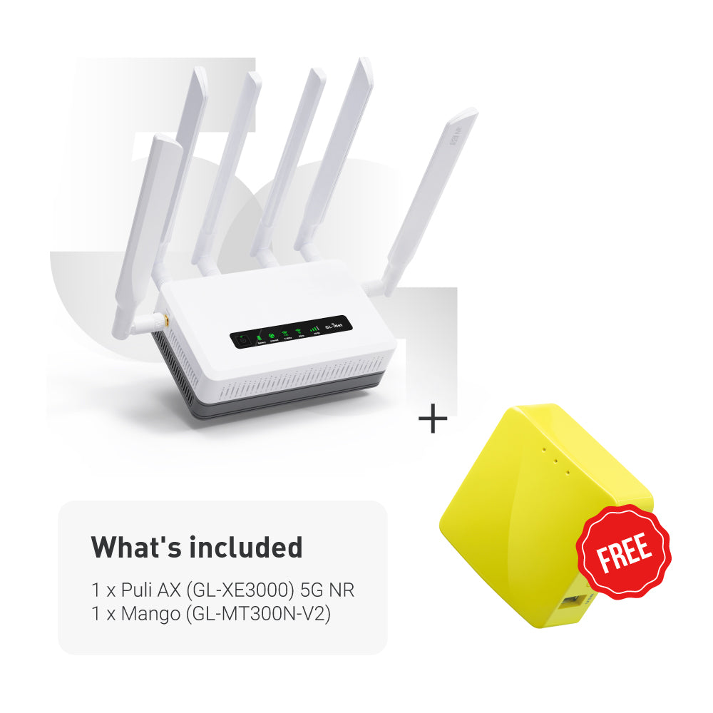 Limited Deal | Puli AX (GL-XE3000) Wi-Fi 6 5G Cellular Router + FREE MT300N-V2